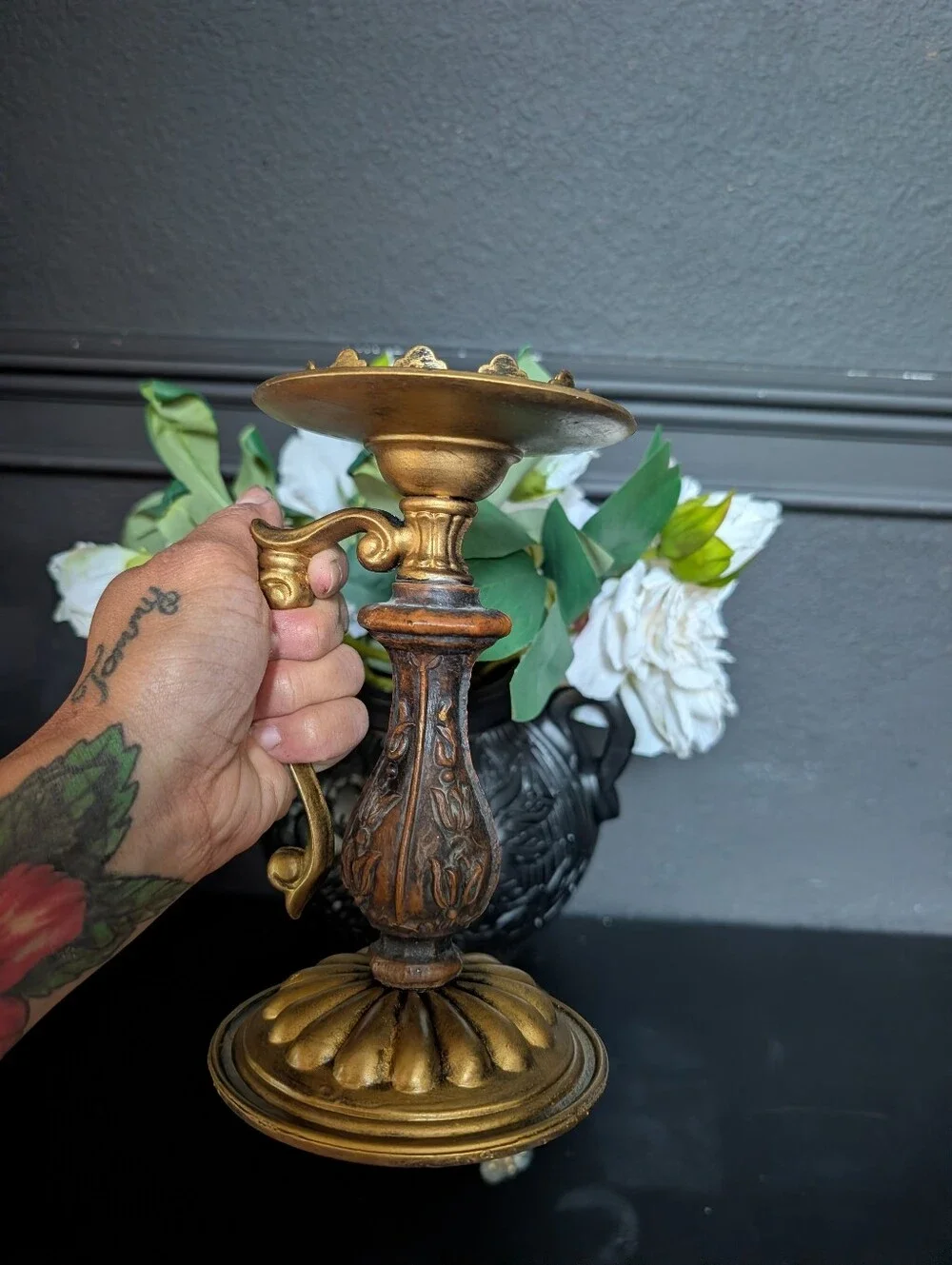 Vintage Mid Century / Gothic Style Scroll Details Candle Holder Gold & Faux Wood